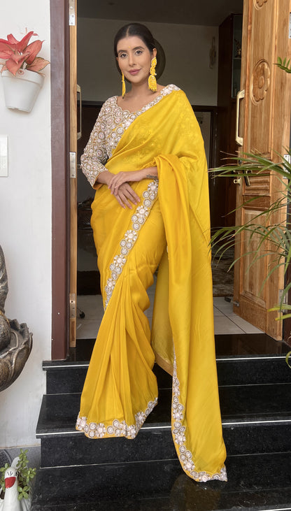 Yellow Mustard Pure Crêpe Heavy Border Designer Saree with Heavy Designer Stitched Blouse