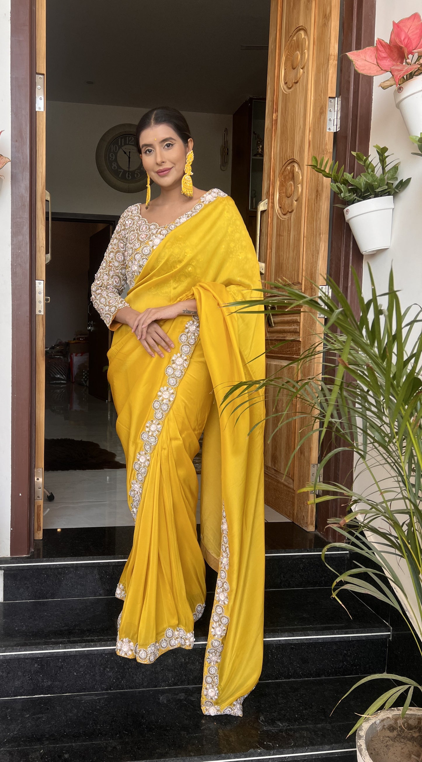Yellow Mustard Pure Crêpe Heavy Border Designer Saree with Heavy Designer Stitched Blouse