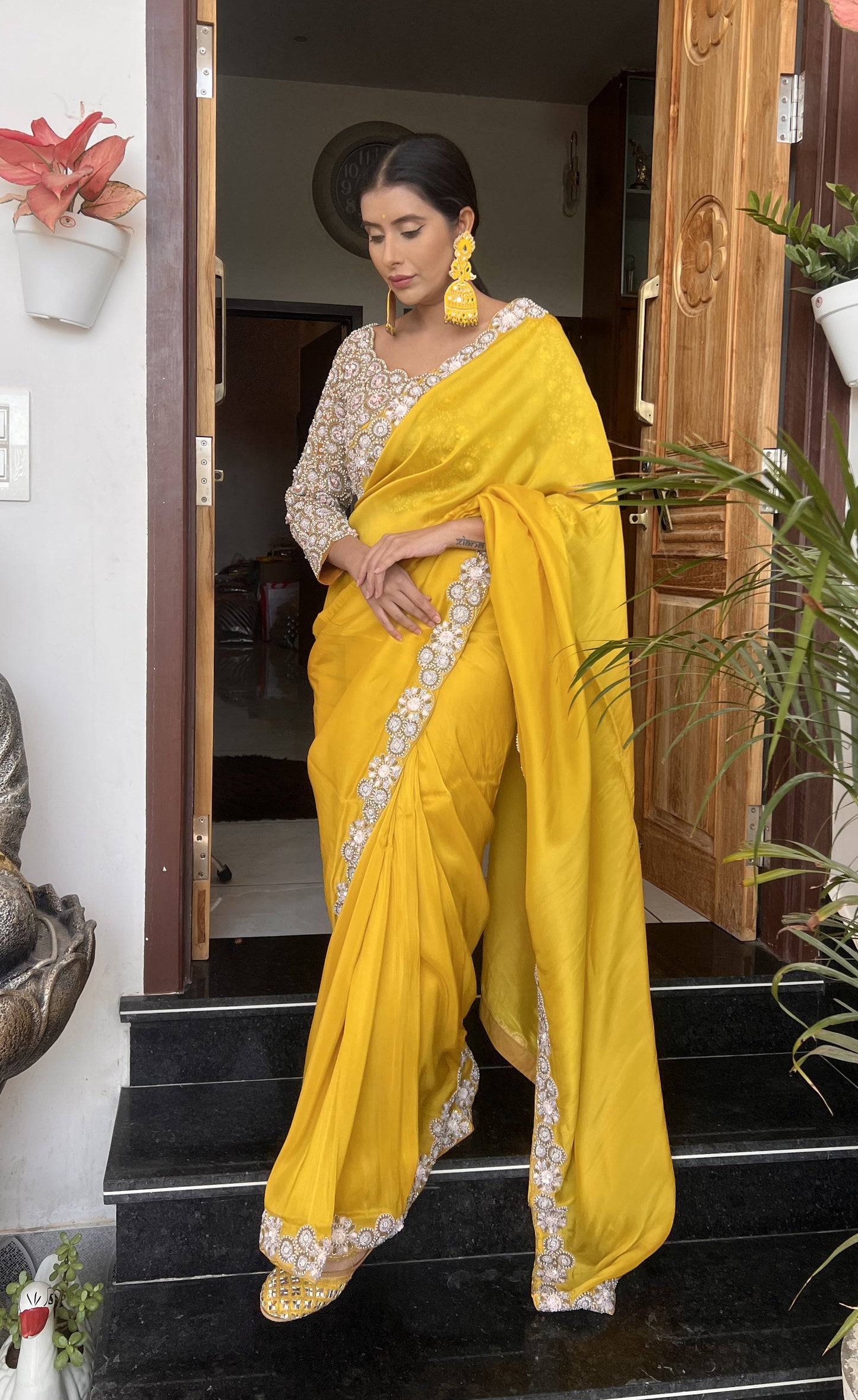 Yellow Mustard Pure Crêpe Heavy Border Designer Saree with Heavy Designer Stitched Blouse
