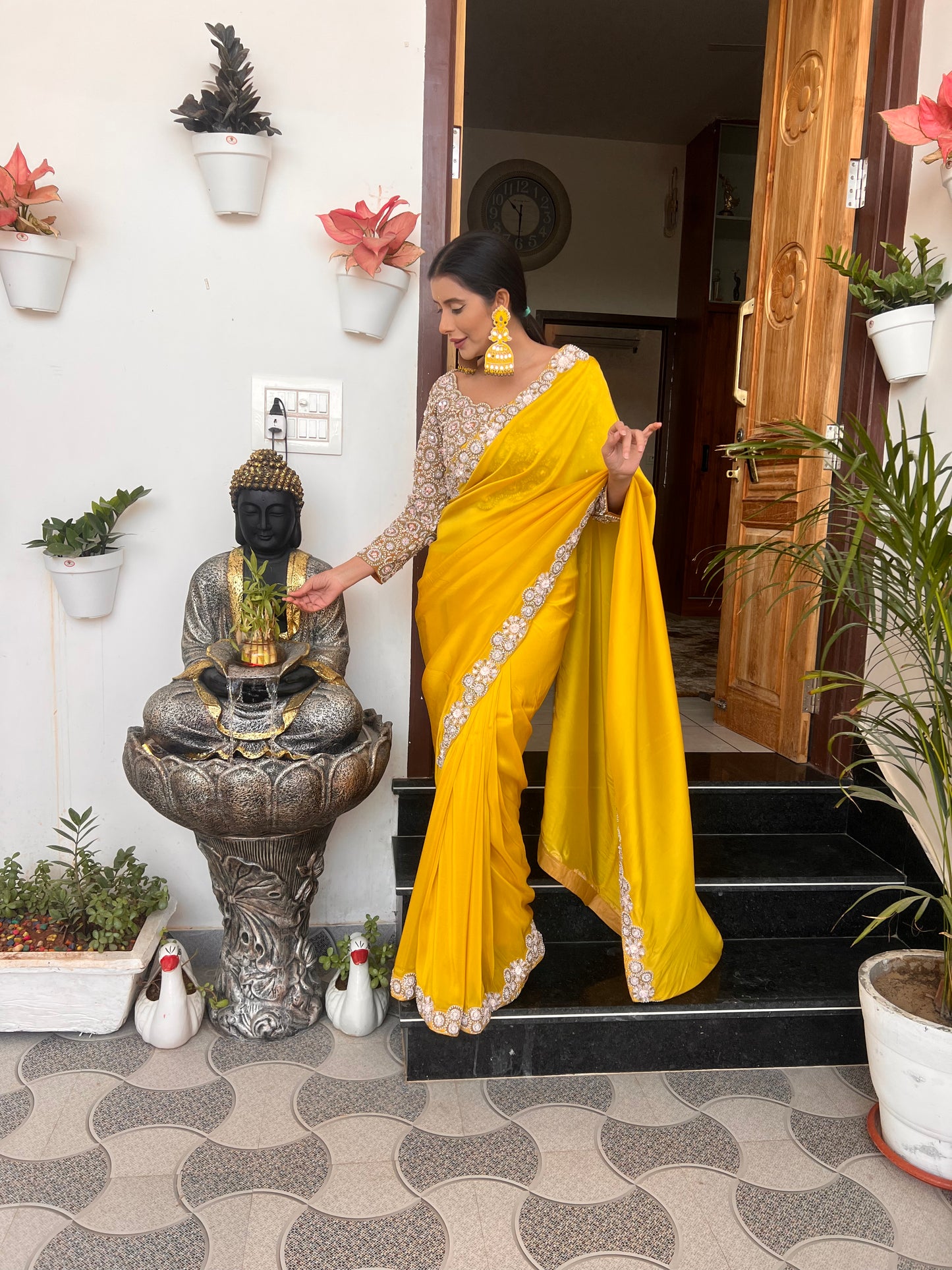 Yellow Mustard Pure Crêpe Heavy Border Designer Saree with Heavy Designer Stitched Blouse