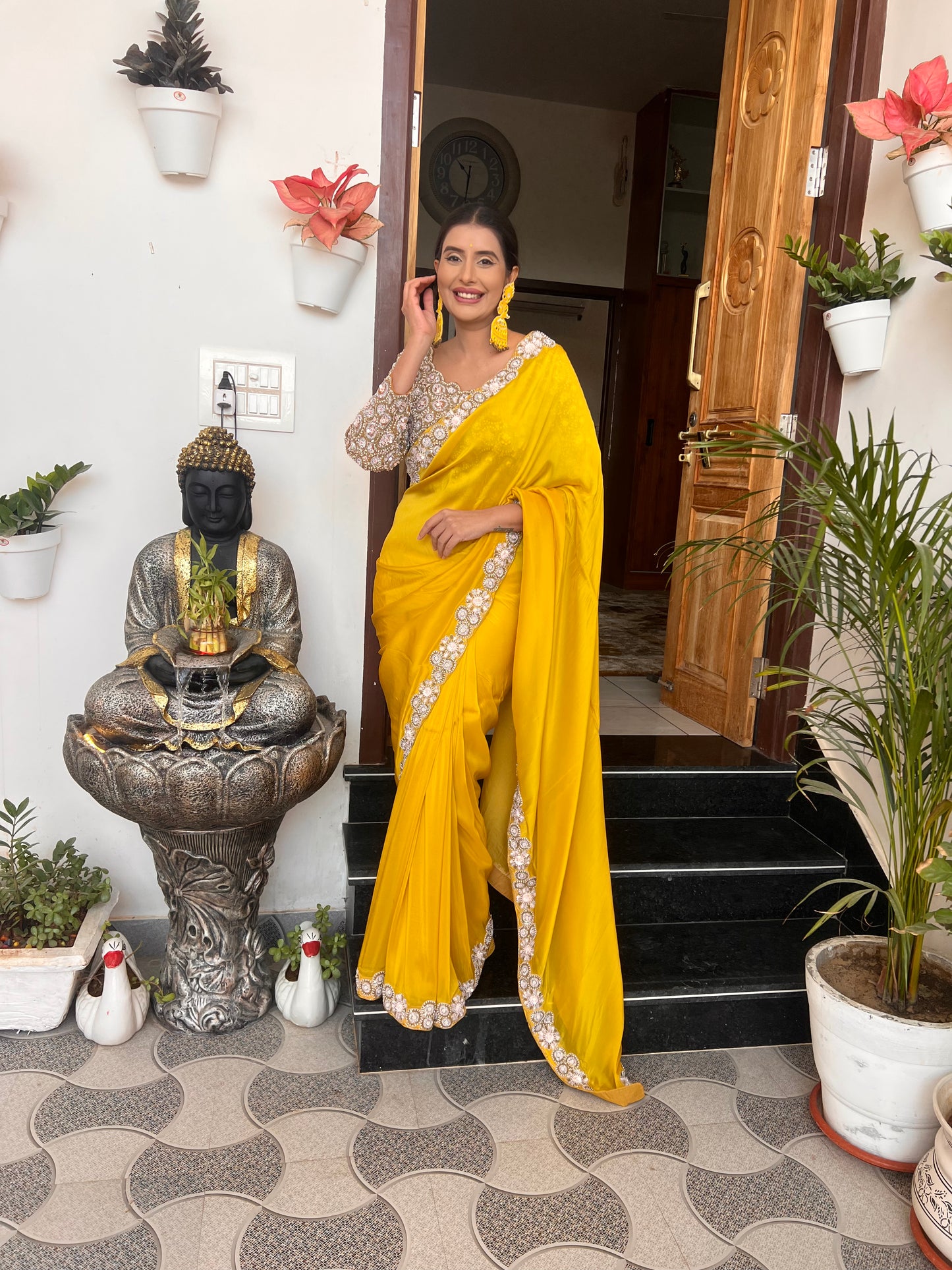 Yellow Mustard Pure Crêpe Heavy Border Designer Saree with Heavy Designer Stitched Blouse