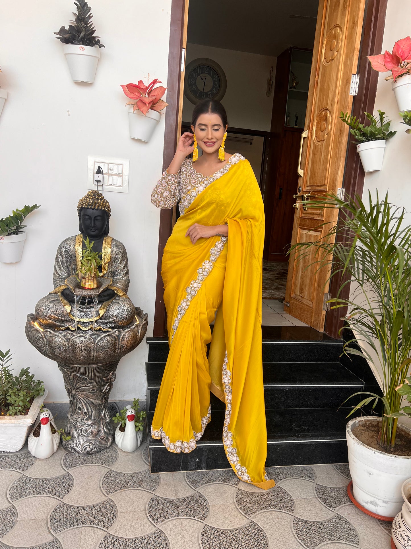 Yellow Mustard Pure Crêpe Heavy Border Designer Saree with Heavy Designer Stitched Blouse