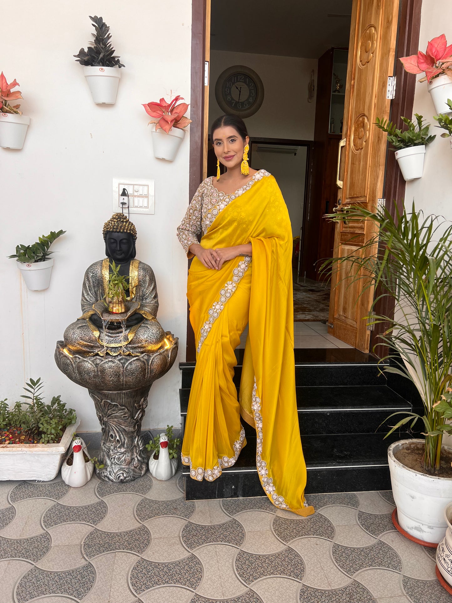 Yellow Mustard Pure Crêpe Heavy Border Designer Saree with Heavy Designer Stitched Blouse