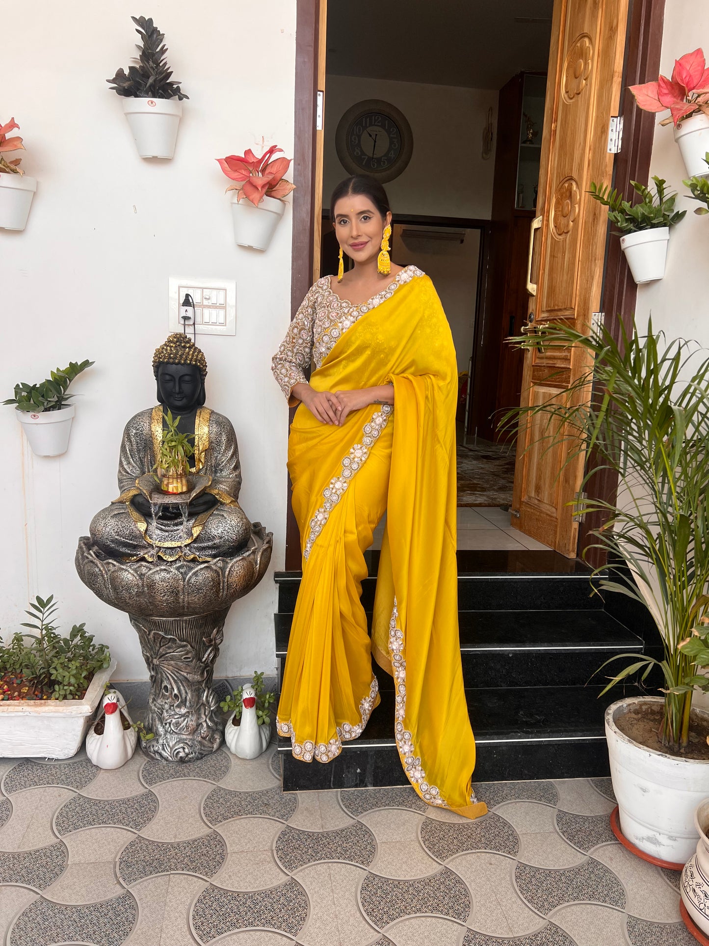 Yellow Mustard Pure Crêpe Heavy Border Designer Saree with Heavy Designer Stitched Blouse