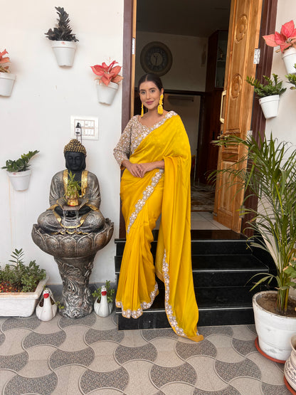 Yellow Mustard Pure Crêpe Heavy Border Designer Saree with Heavy Designer Stitched Blouse