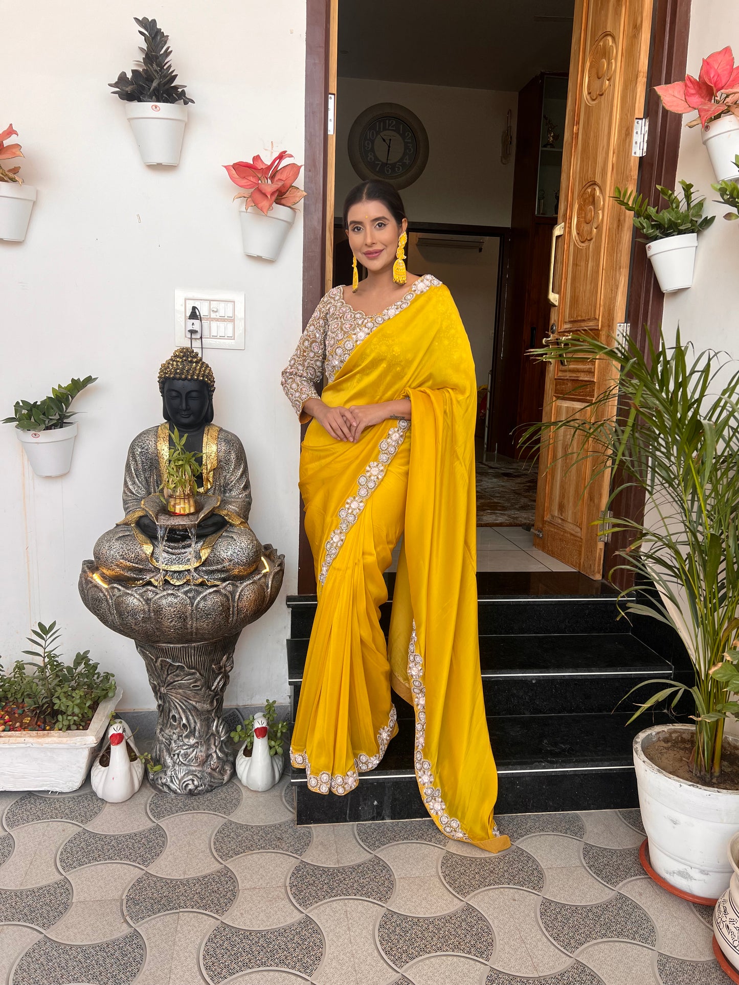 Yellow Mustard Pure Crêpe Heavy Border Designer Saree with Heavy Designer Stitched Blouse