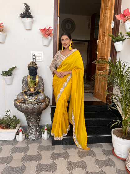 Yellow Mustard Pure Crêpe Heavy Border Designer Saree with Heavy Designer Stitched Blouse