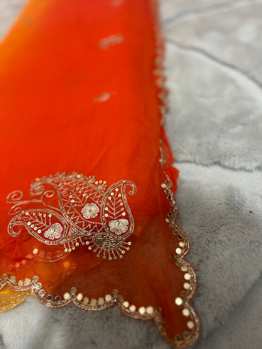 Pure chiffon Shaded Pita and Mirror Work, Sari with Pure Crêpe Yellow Mirror Work and Pita Work Blouse Piece