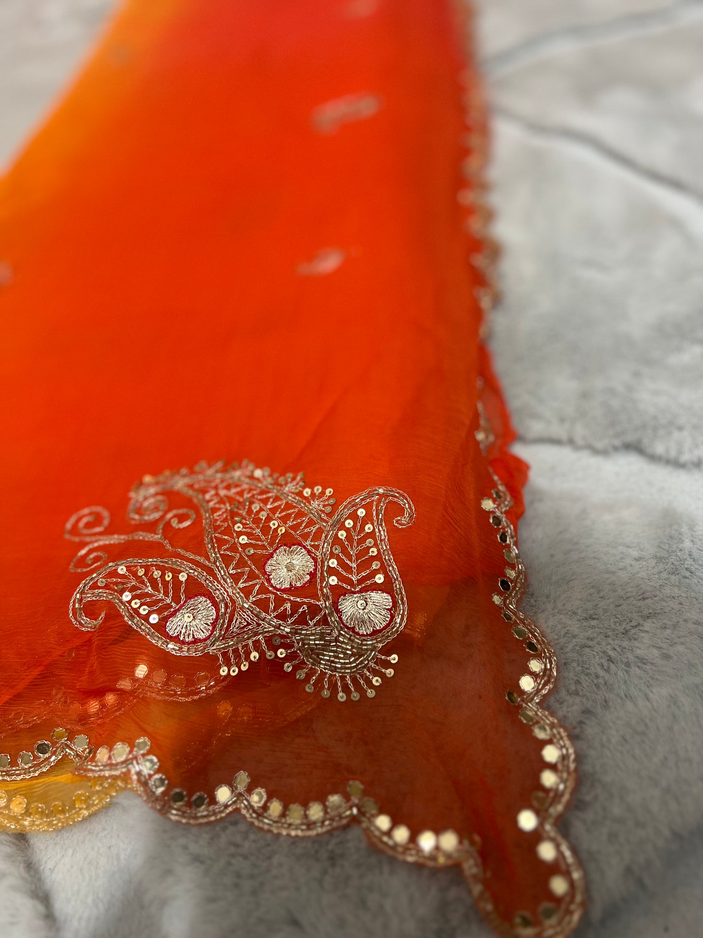 Pure chiffon Shaded Pita and Mirror Work, Sari with Pure Crêpe Yellow Mirror Work and Pita Work Blouse Piece