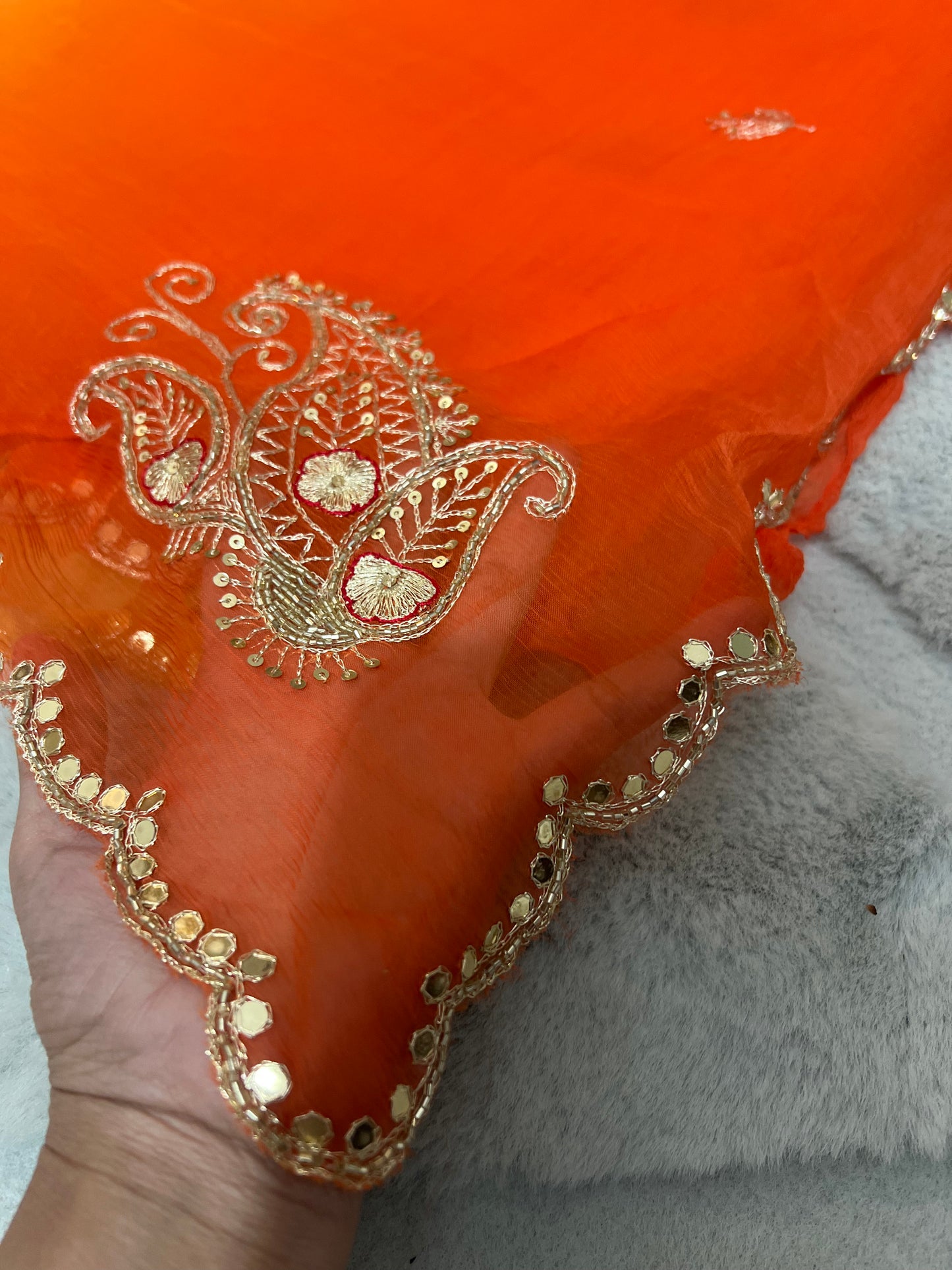 Pure chiffon Shaded Pita and Mirror Work, Sari with Pure Crêpe Yellow Mirror Work and Pita Work Blouse Piece