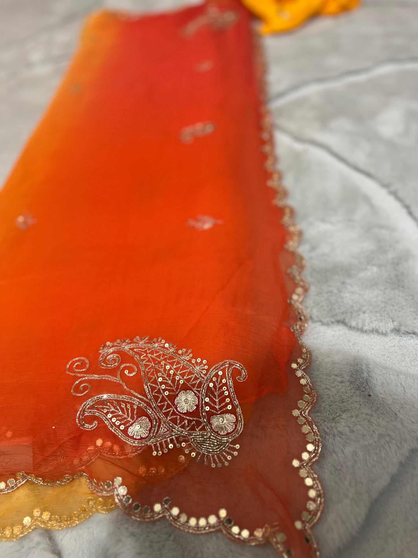 Pure chiffon Shaded Pita and Mirror Work, Sari with Pure Crêpe Yellow Mirror Work and Pita Work Blouse Piece