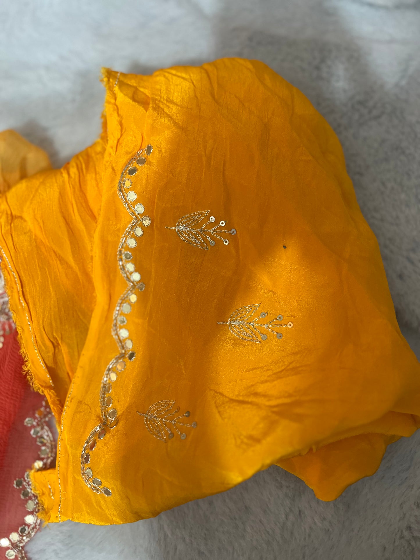 Pure chiffon Shaded Pita and Mirror Work, Sari with Pure Crêpe Yellow Mirror Work and Pita Work Blouse Piece