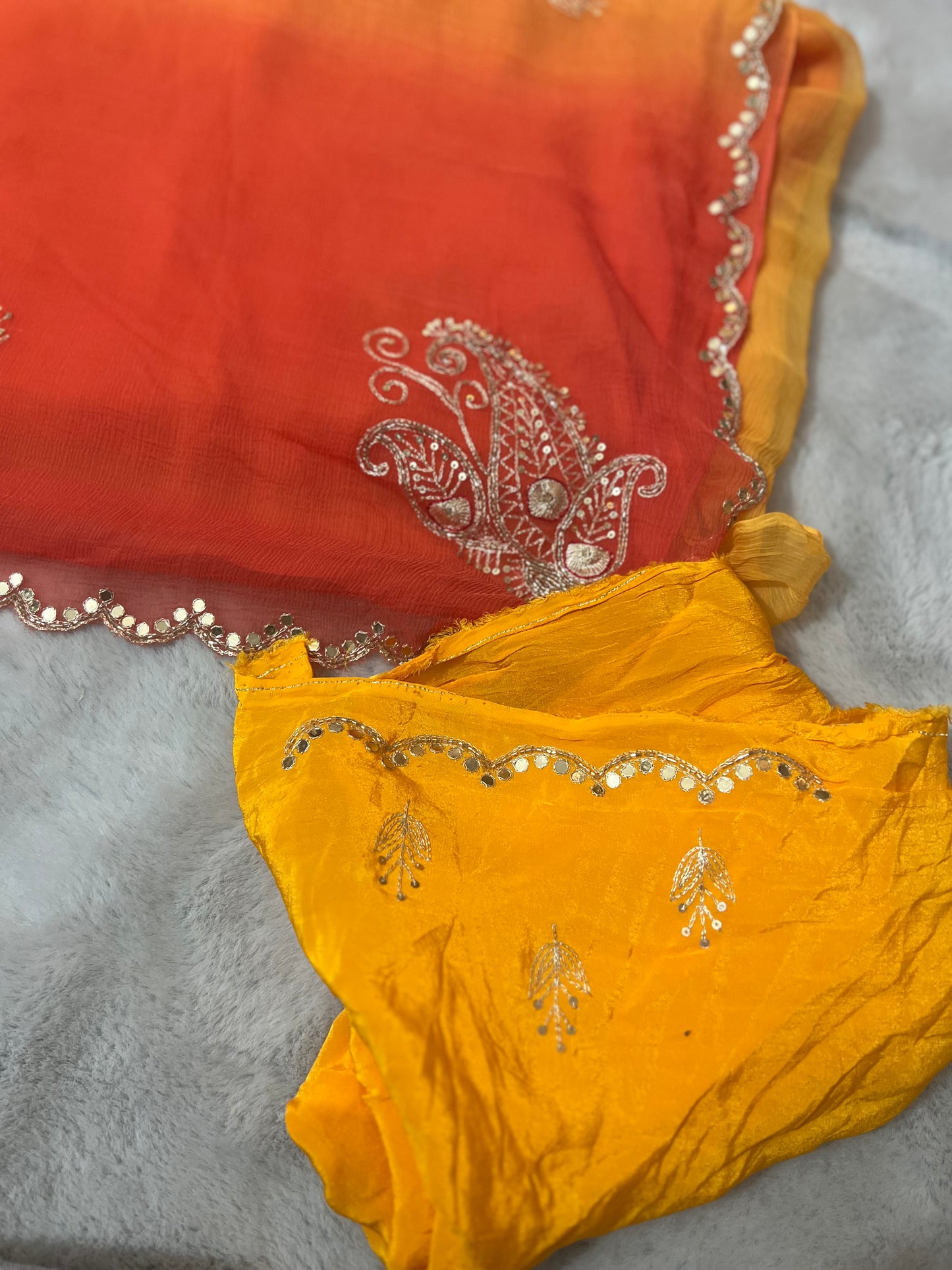 Pure chiffon Shaded Pita and Mirror Work, Sari with Pure Crêpe Yellow Mirror Work and Pita Work Blouse Piece