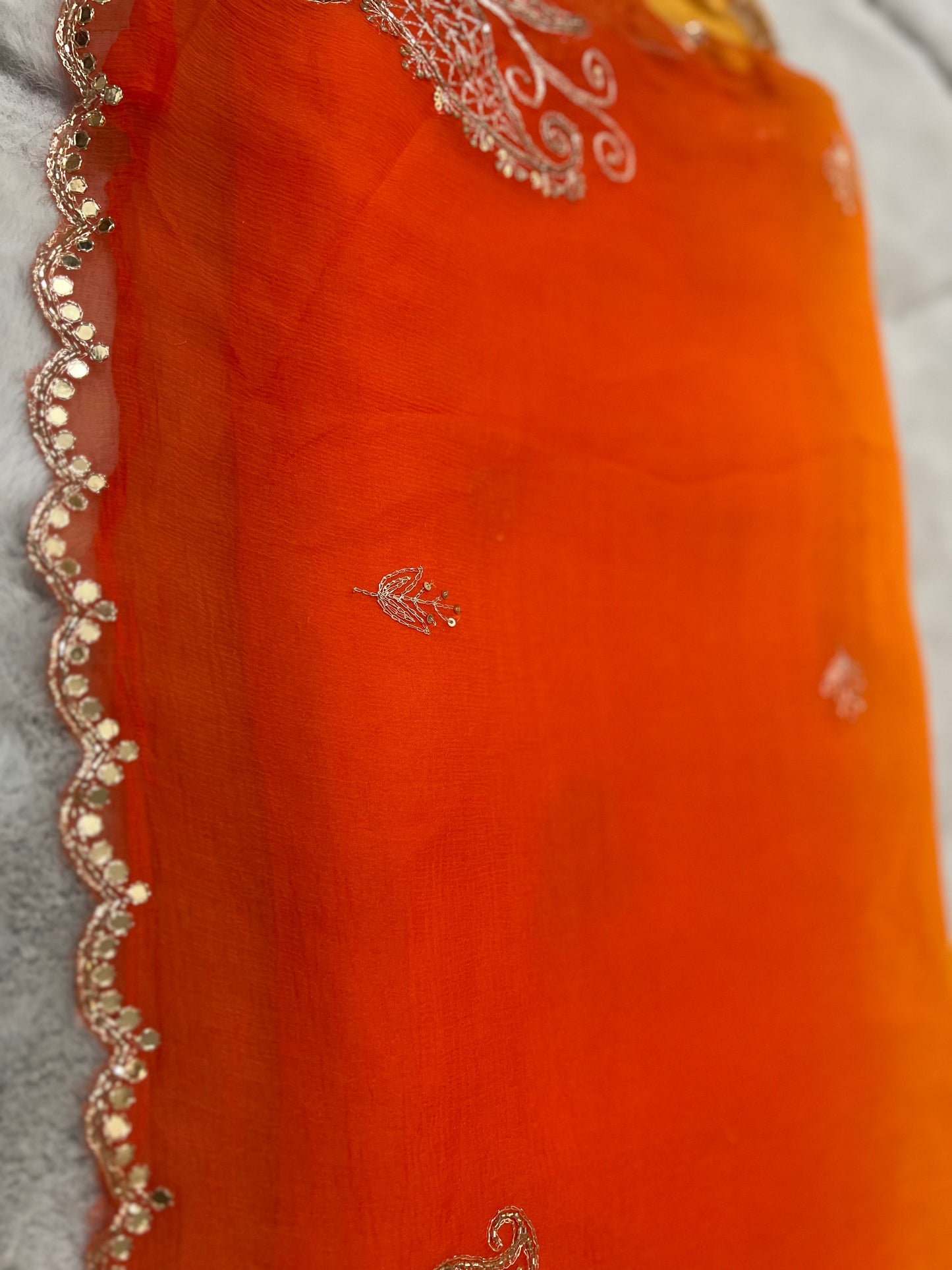 Pure chiffon Shaded Pita and Mirror Work, Sari with Pure Crêpe Yellow Mirror Work and Pita Work Blouse Piece