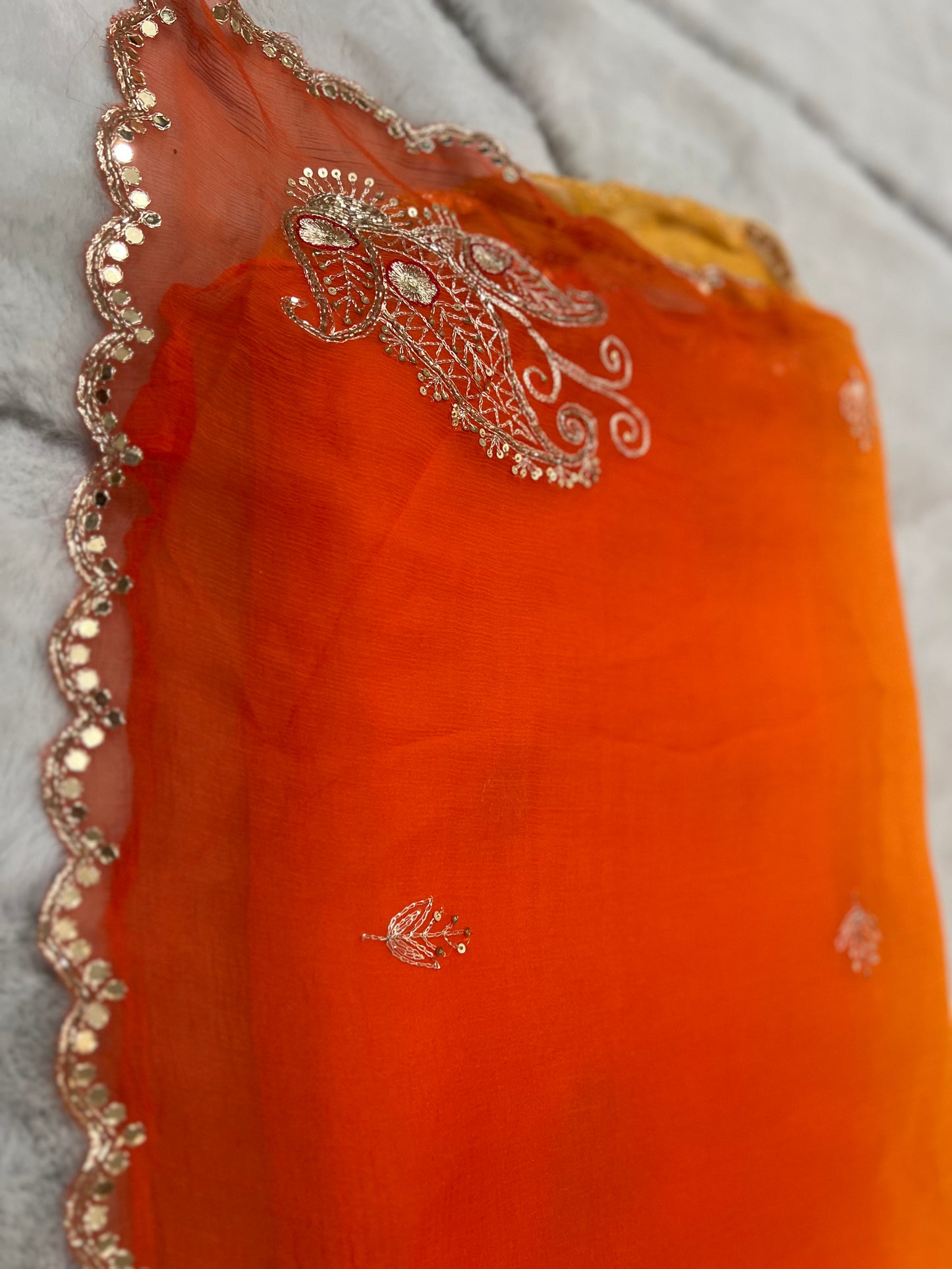 Pure chiffon Shaded Pita and Mirror Work, Sari with Pure Crêpe Yellow Mirror Work and Pita Work Blouse Piece