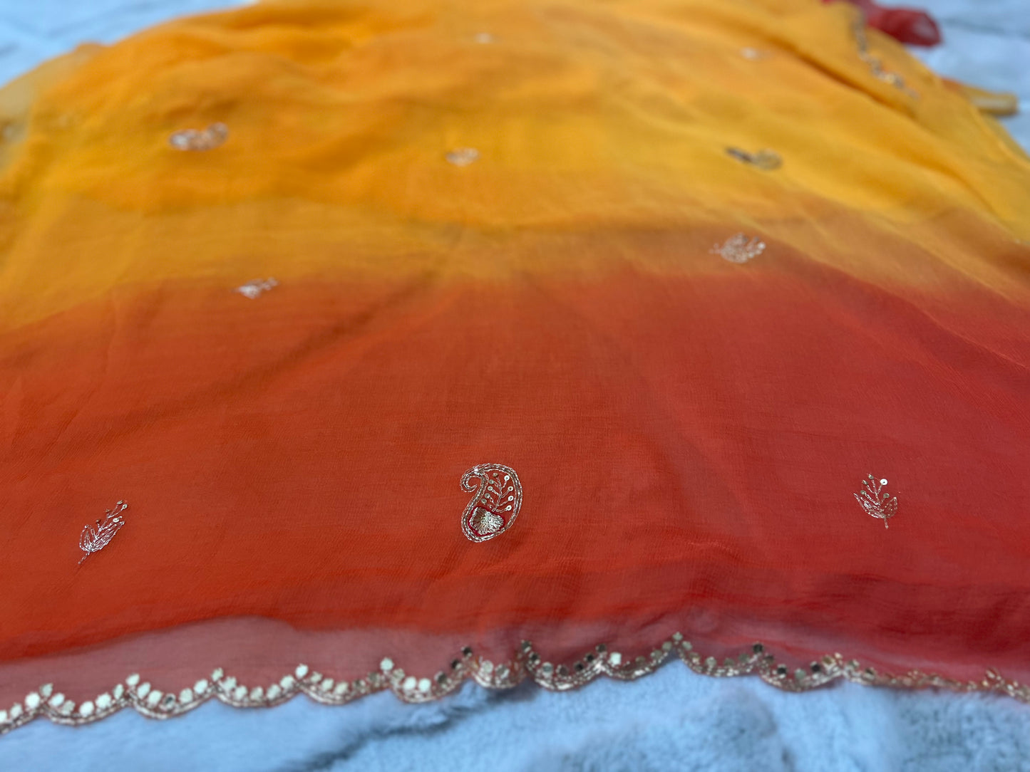 Pure chiffon Shaded Pita and Mirror Work, Sari with Pure Crêpe Yellow Mirror Work and Pita Work Blouse Piece