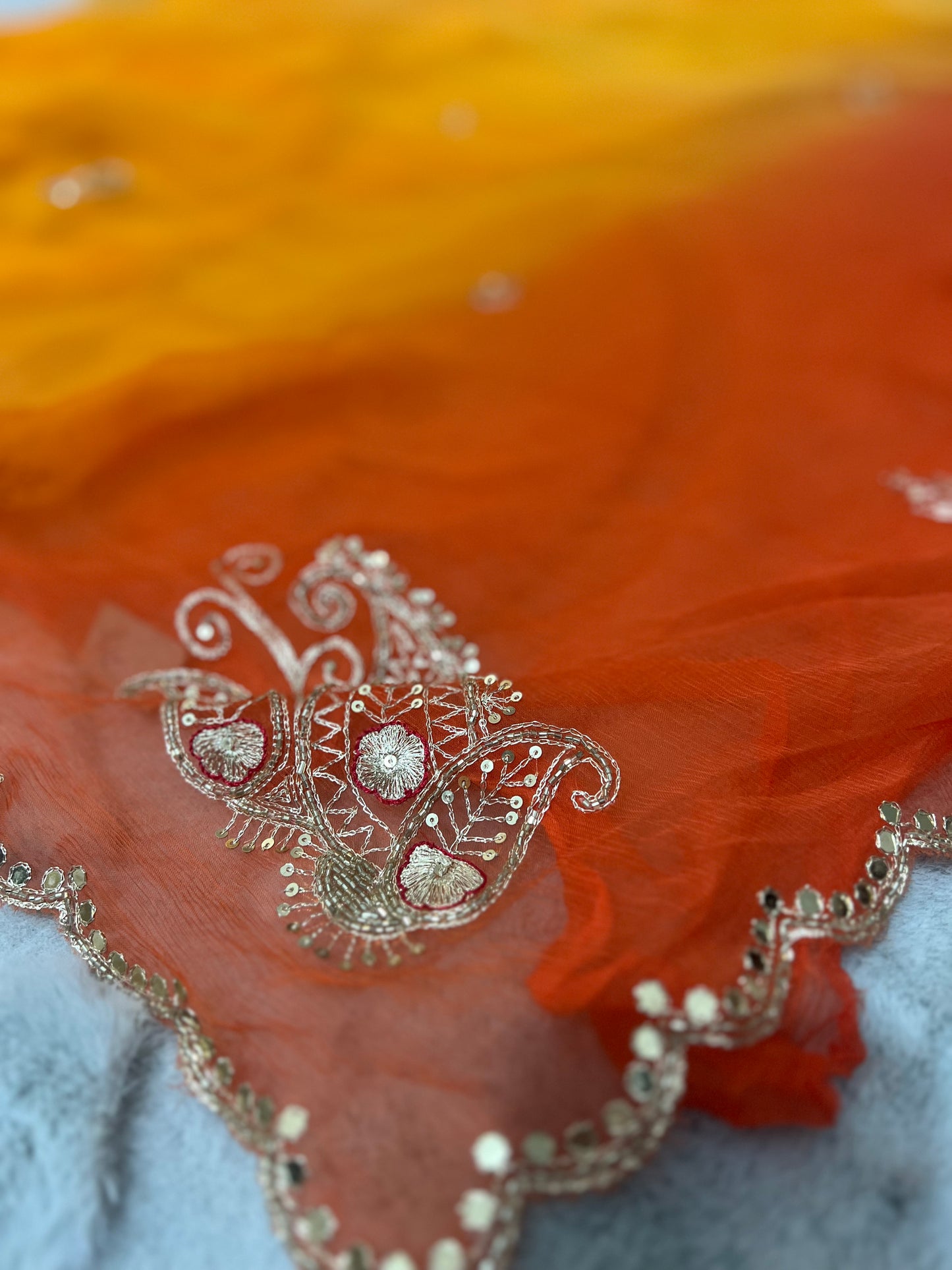 Pure chiffon Shaded Pita and Mirror Work, Sari with Pure Crêpe Yellow Mirror Work and Pita Work Blouse Piece