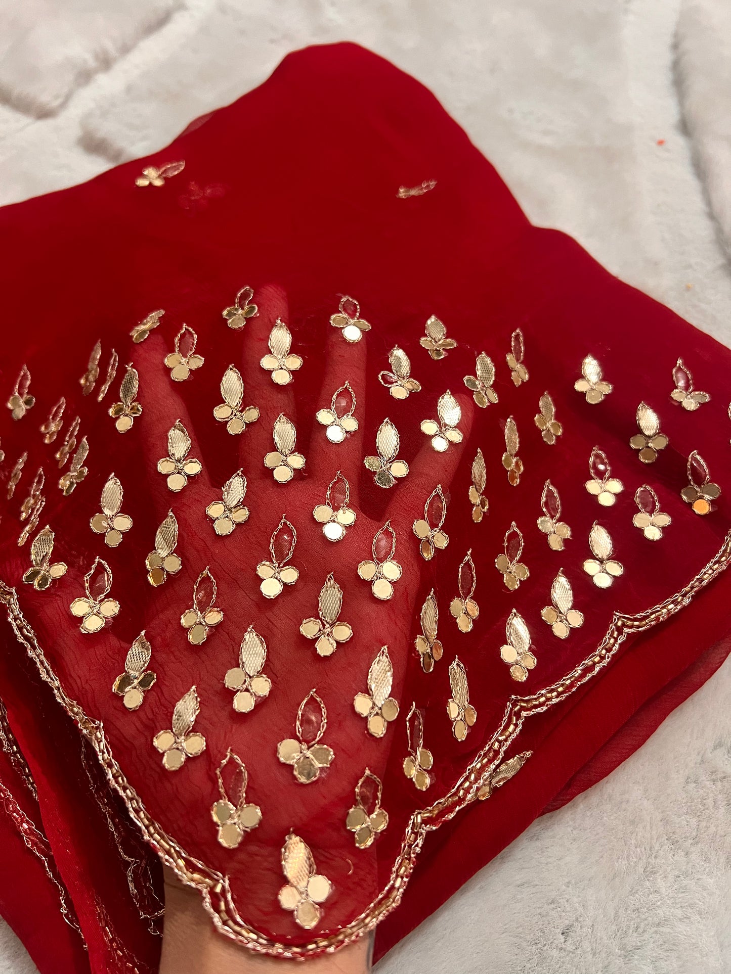 Red Semi-Chiffon Beautiful Gota Work Sari with Same Blouse Piece