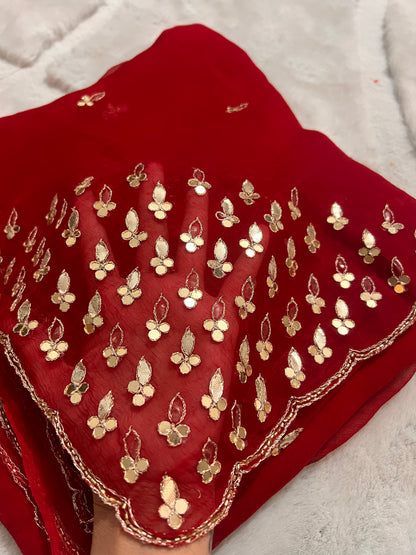 Red Semi-Chiffon Beautiful Gota Work Sari with Same Blouse Piece