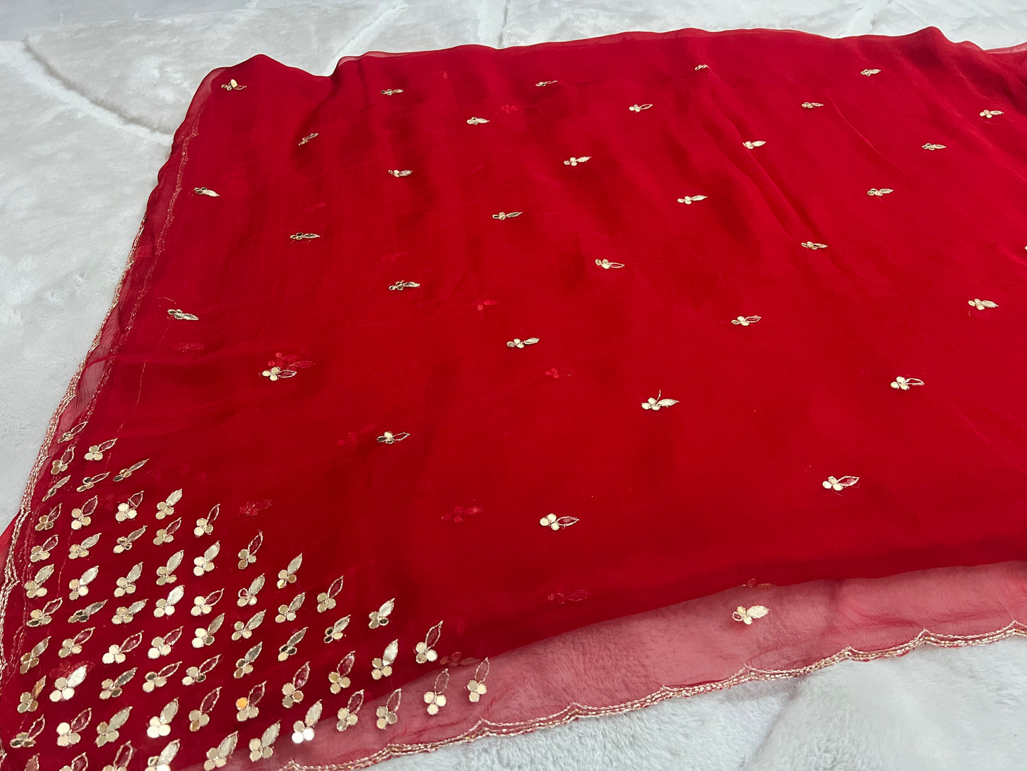 Red Semi-Chiffon Beautiful Gota Work Sari with Same Blouse Piece