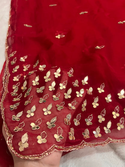 Red Semi-Chiffon Beautiful Gota Work Sari with Same Blouse Piece