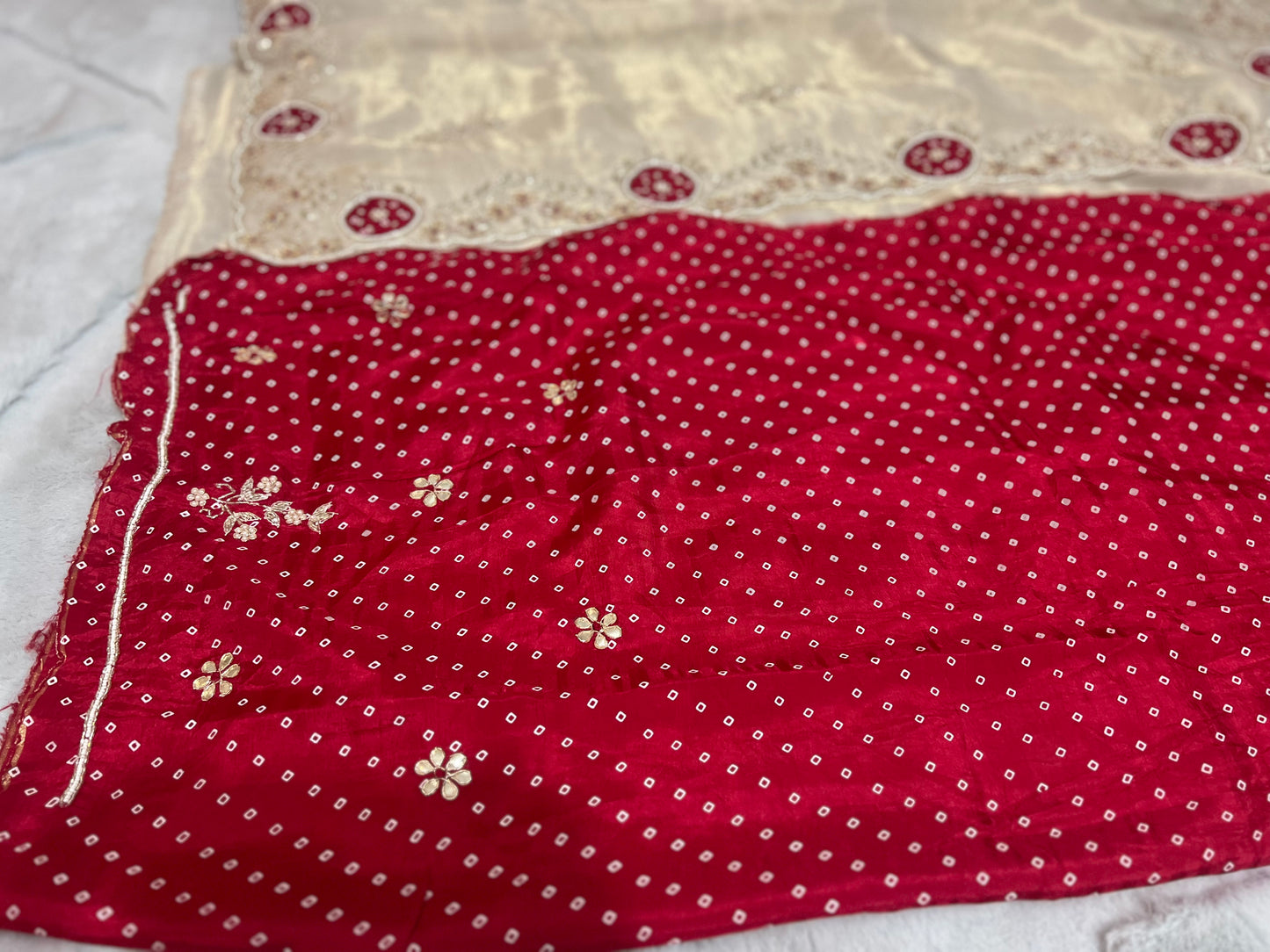 Beautiful Ceam Tissue Saree with Bandini and Gota Touch Zardozi Work and Red Colour Blouse with Gota and Zardozi work on Sleeves and Back