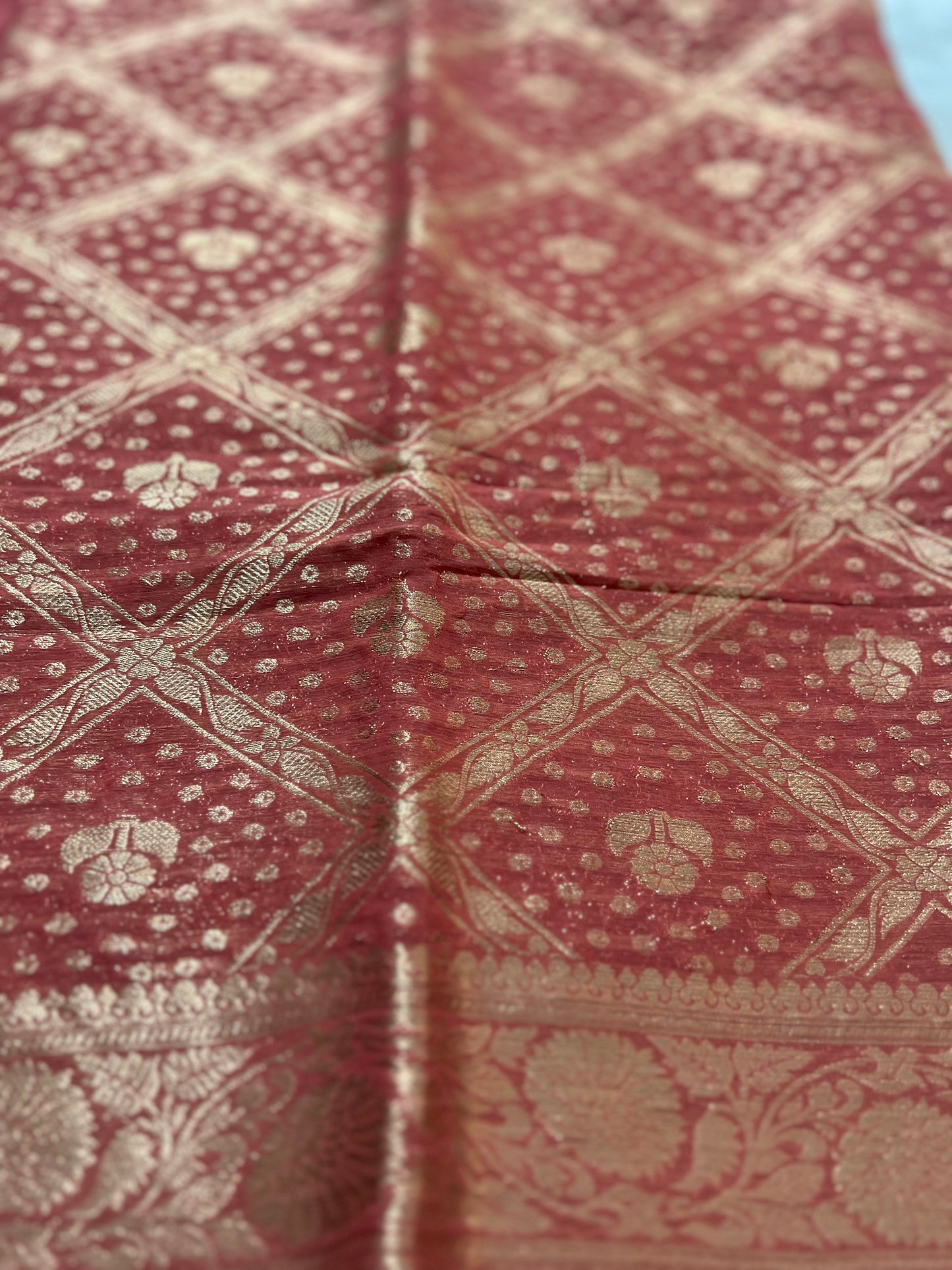 Beautiful Soft Tissue Peach Color Banarasi Saree with Soft Chiffon Banarasi Border Blouse Piece.