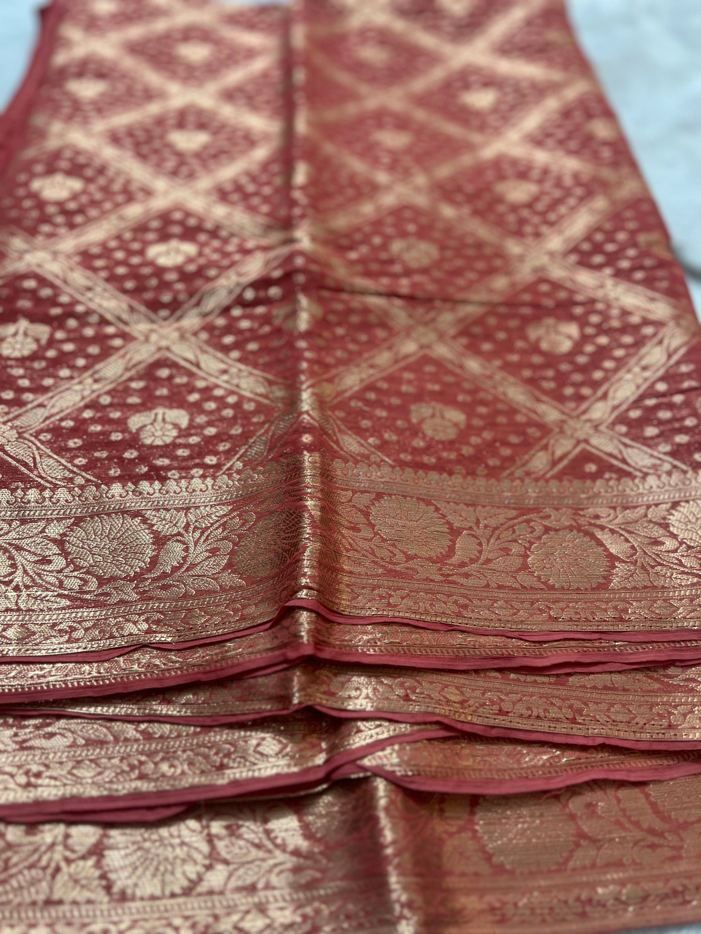 Beautiful Soft Tissue Peach Color Banarasi Saree with Soft Chiffon Banarasi Border Blouse Piece.