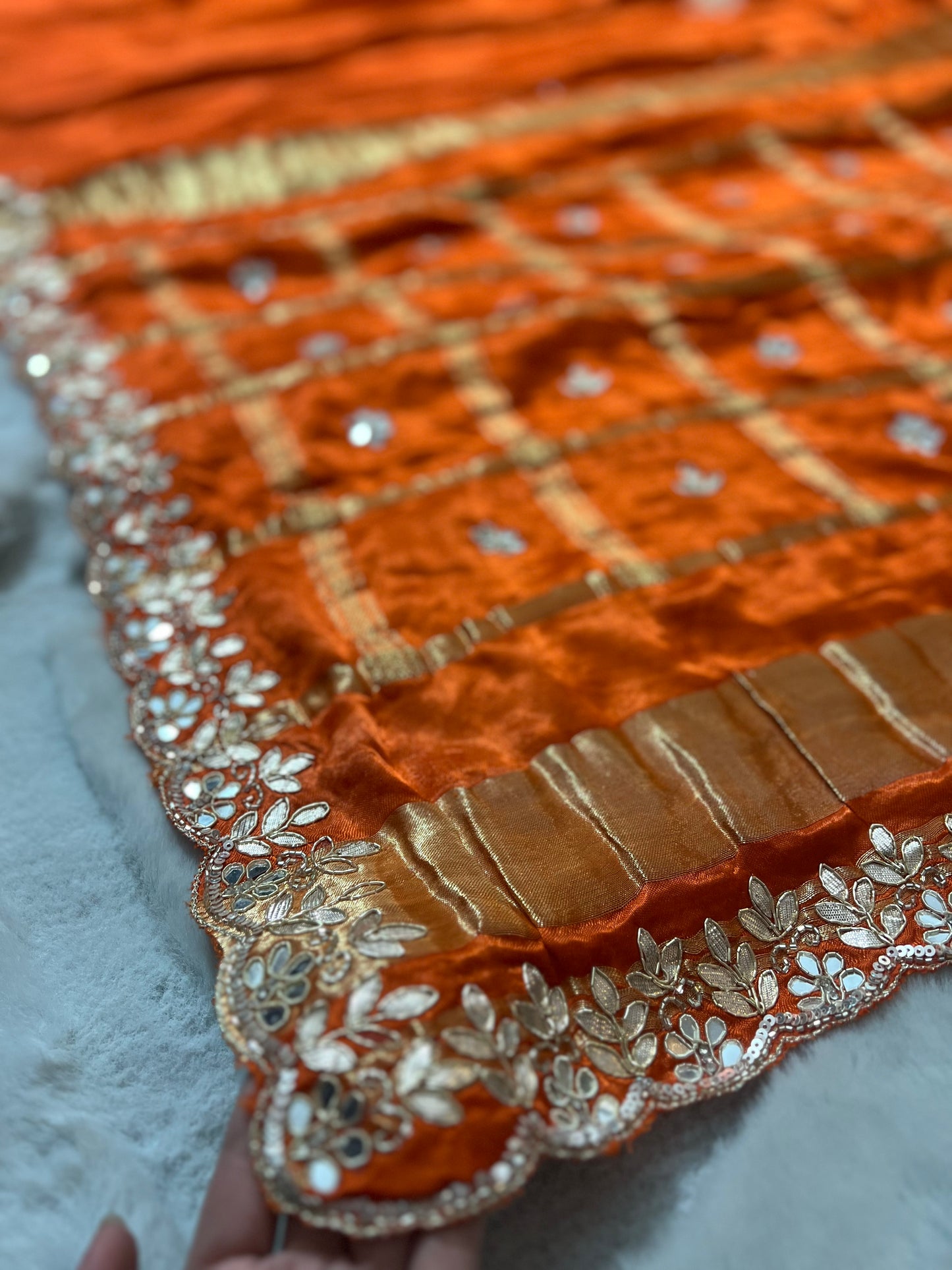 Pure Gajji Silk Orange Colour Saree with Beautiful Heavy Gota work Border and Booti Saree and Same Blouse Piece