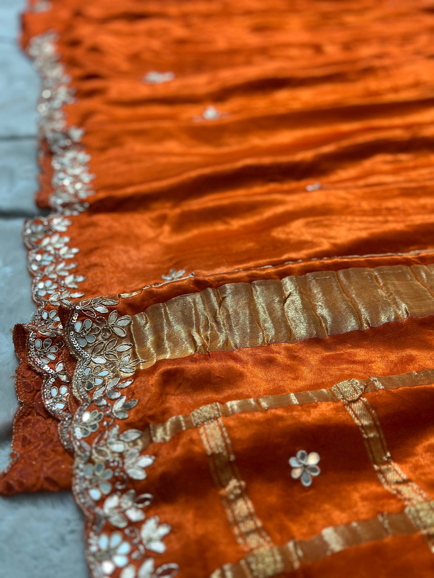 Pure Gajji Silk Orange Colour Saree with Beautiful Heavy Gota work Border and Booti Saree and Same Blouse Piece