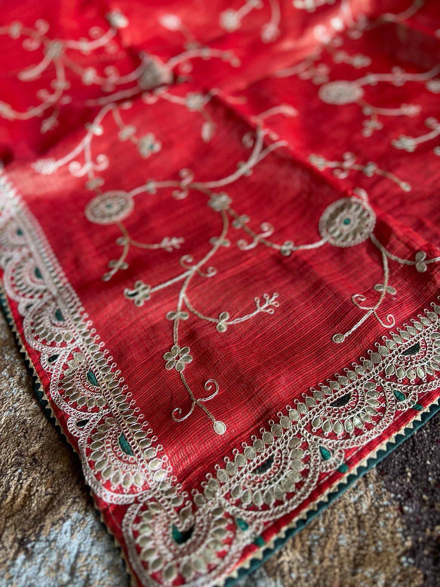 Beautiful Krishna Sari Authentic Traditional Thread work all over the SuperNet Saree in Orange colour with green full  thread work blouse piece