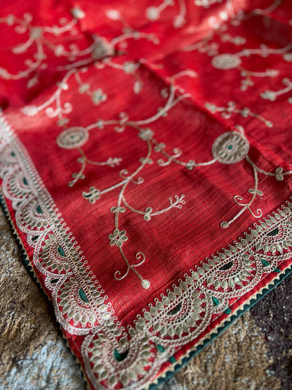Beautiful Krishna Sari Authentic Traditional Thread work all over the SuperNet Saree in Orange colour with green full  thread work blouse piece