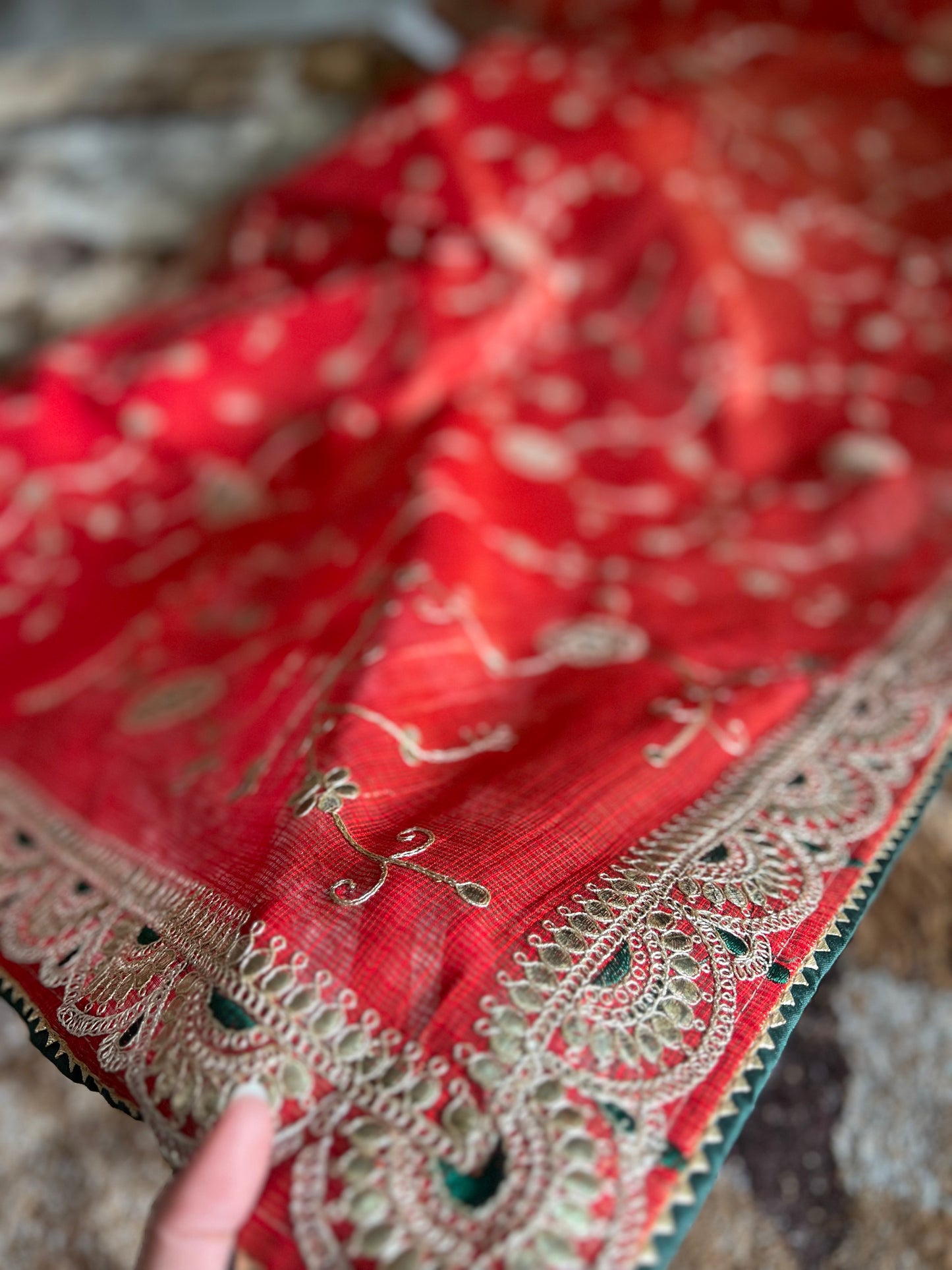 Beautiful Krishna Sari Authentic Traditional Thread work all over the SuperNet Saree in Orange colour with green full  thread work blouse piece