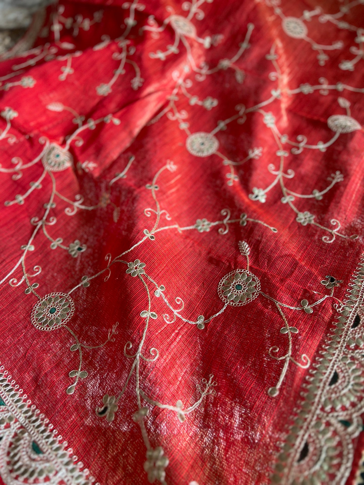 Beautiful Krishna Sari Authentic Traditional Thread work all over the SuperNet Saree in Orange colour with green full  thread work blouse piece