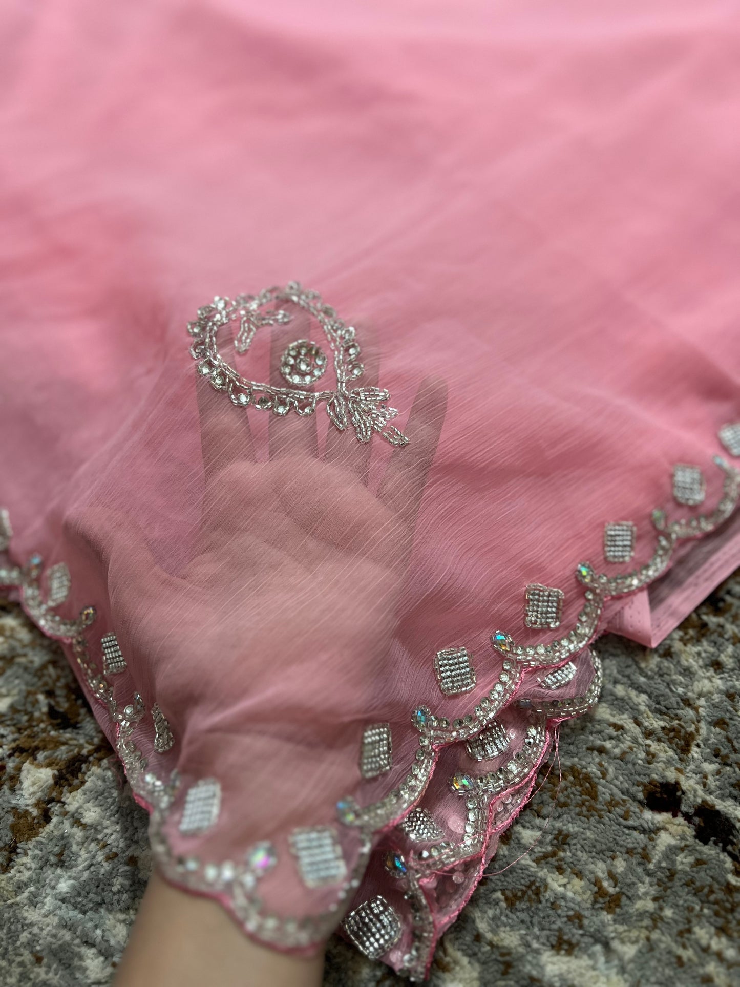 Baby Pink Soft Chiffon Stone Diamond Work with same Blouse Piece