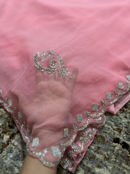Baby Pink Soft Chiffon Stone Diamond Work with same Blouse Piece