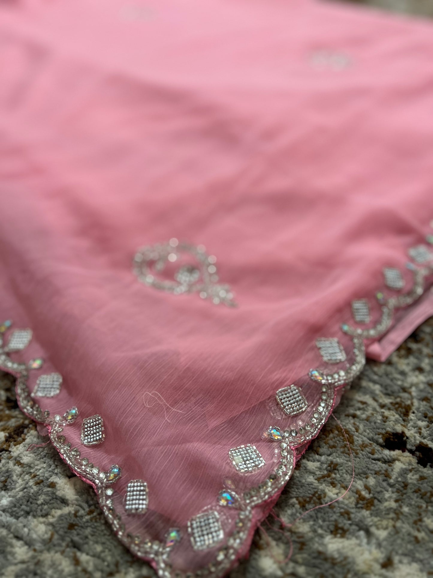 Baby Pink Soft Chiffon Stone Diamond Work with same Blouse Piece