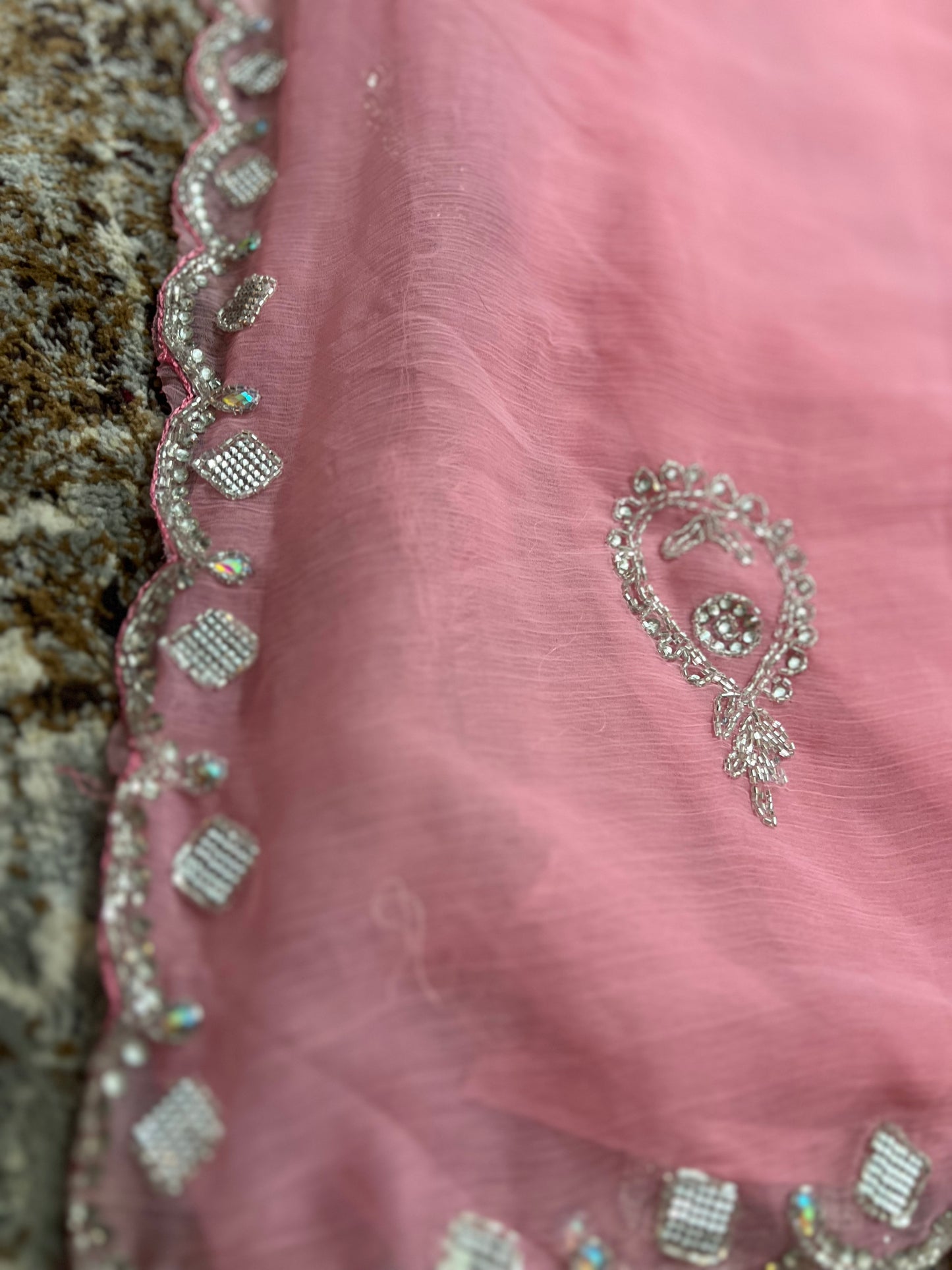 Baby Pink Soft Chiffon Stone Diamond Work with same Blouse Piece
