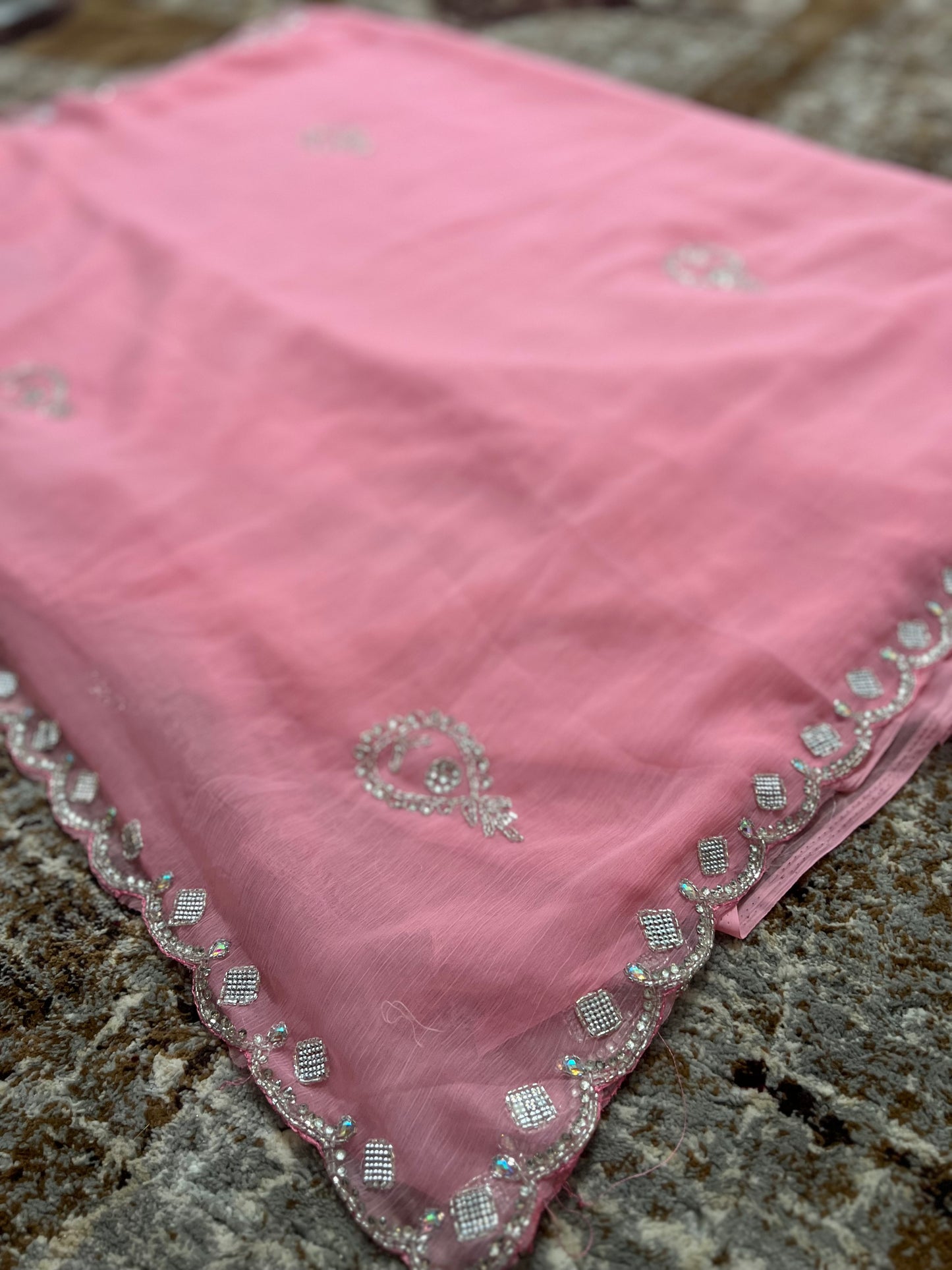 Baby Pink Soft Chiffon Stone Diamond Work with same Blouse Piece