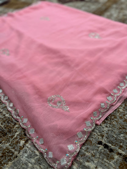 Baby Pink Soft Chiffon Stone Diamond Work with same Blouse Piece
