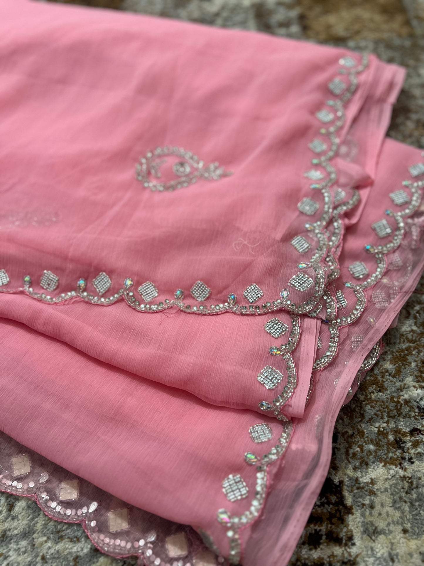 Baby Pink Soft Chiffon Stone Diamond Work with same Blouse Piece