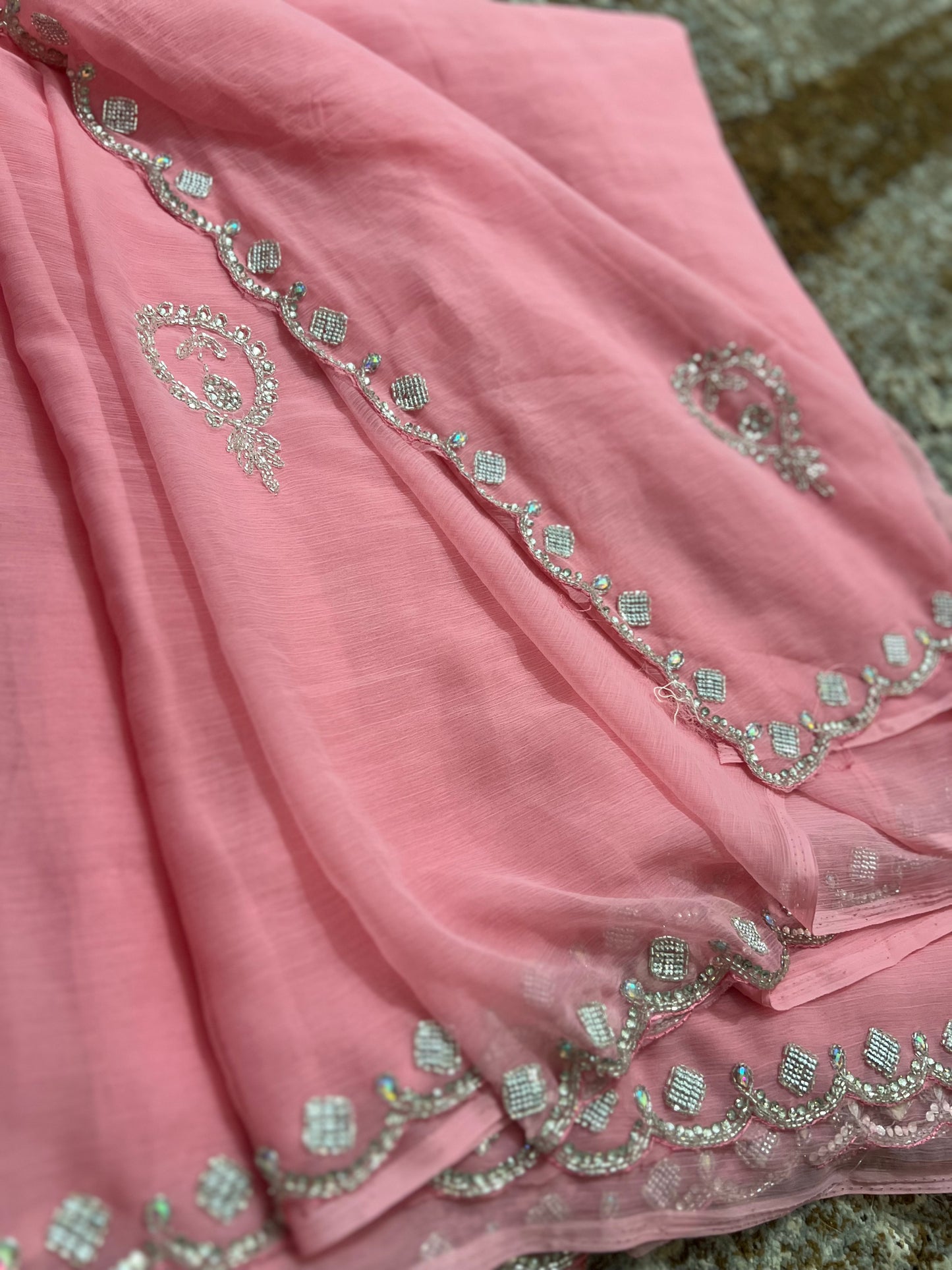 Baby Pink Soft Chiffon Stone Diamond Work with same Blouse Piece