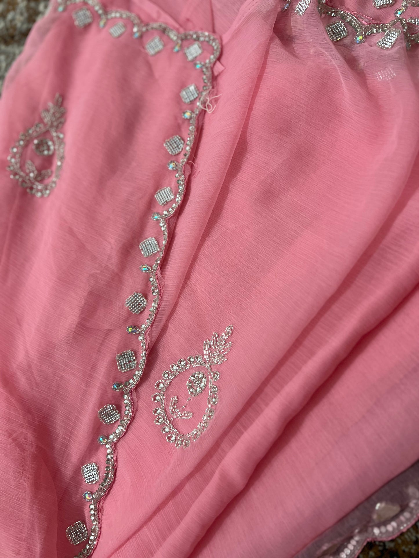 Baby Pink Soft Chiffon Stone Diamond Work with same Blouse Piece