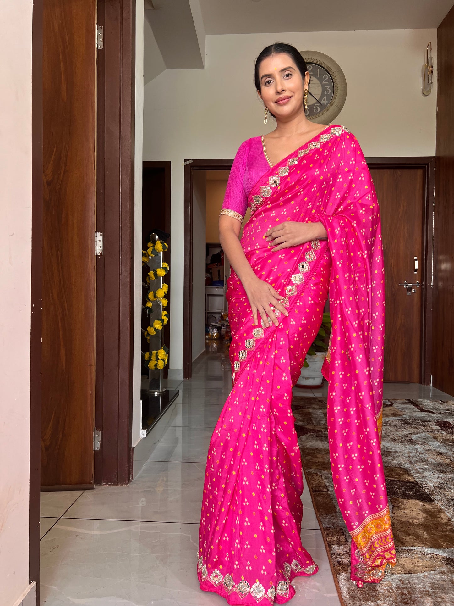 👑Pink Pure Crêpe Designer Mirror Work Border Sari With The Mirror Work Border Blouse Piece