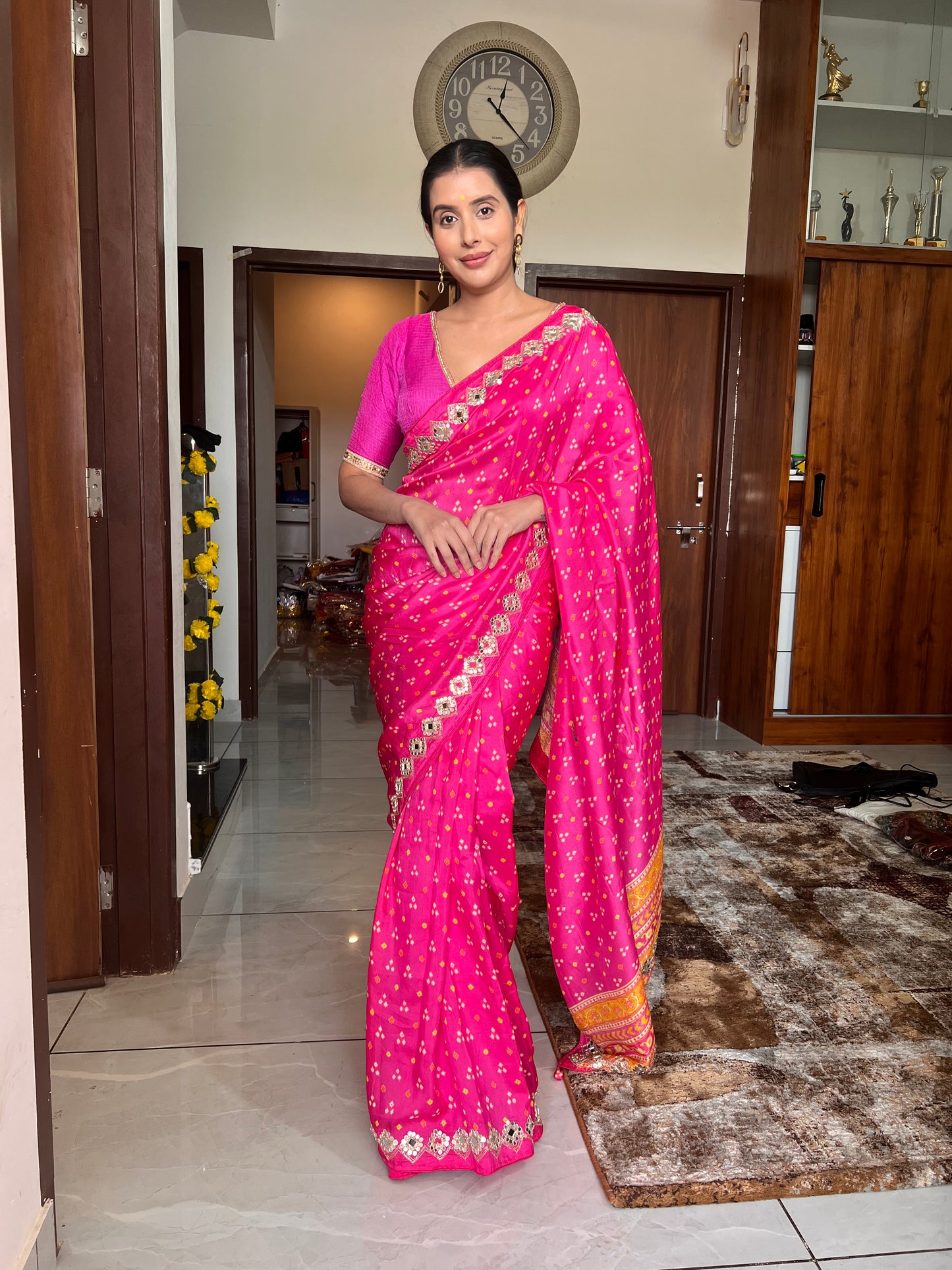 👑Pink Pure Crêpe Designer Mirror Work Border Sari With The Mirror Work Border Blouse Piece
