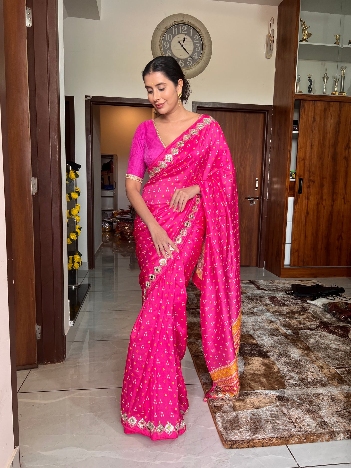 👑Pink Pure Crêpe Designer Mirror Work Border Sari With The Mirror Work Border Blouse Piece