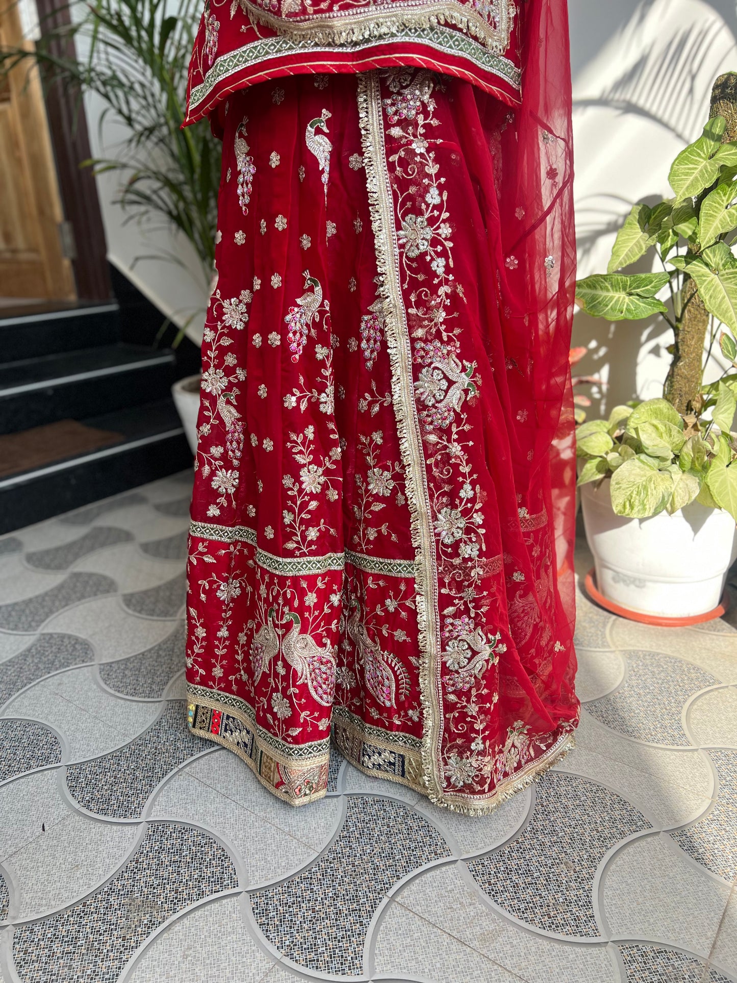 Royalty in every swirl — peacock motifs, full ghera, and the richness of pure fabric. A poshak that tells its own story. (Stitched).