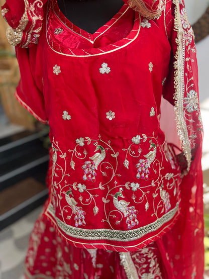 Royalty in every swirl — peacock motifs, full ghera, and the richness of pure fabric. A poshak that tells its own story. (Stitched).