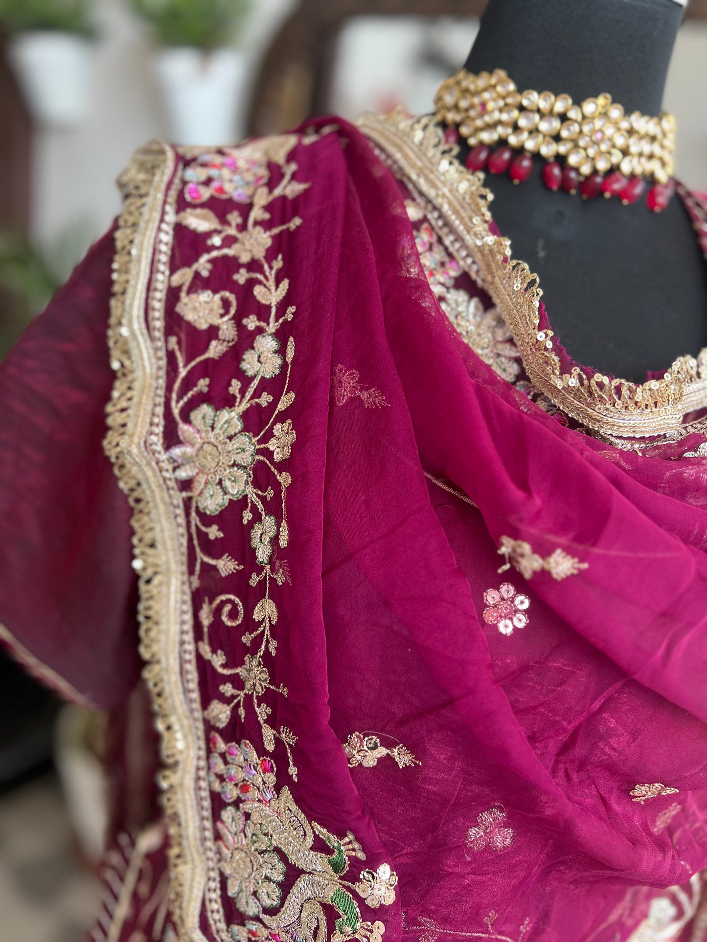 A masterpiece of grace — a peacock-inspired poshak with a royal full ghera and pure, luxurious fabric. Timeless, traditional, and truly breathtaking. (Stitched)