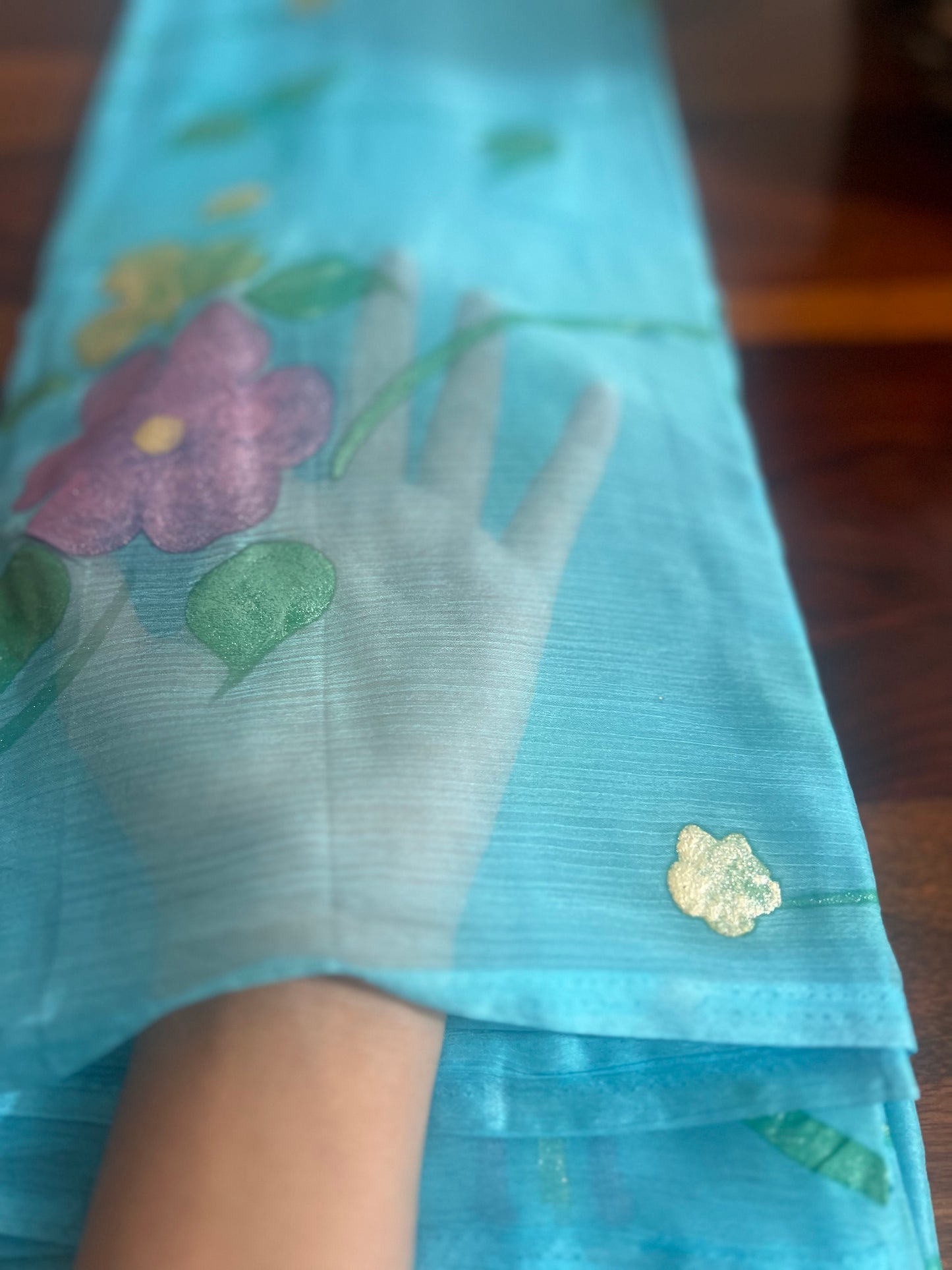 Beautiful Hand Painted Blue Chiffon Saree with Crepe Blouse Peice